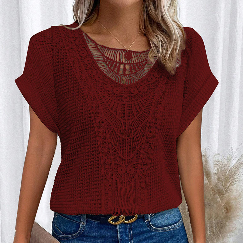 Boho Muse lace-yoke short sleeve sweater