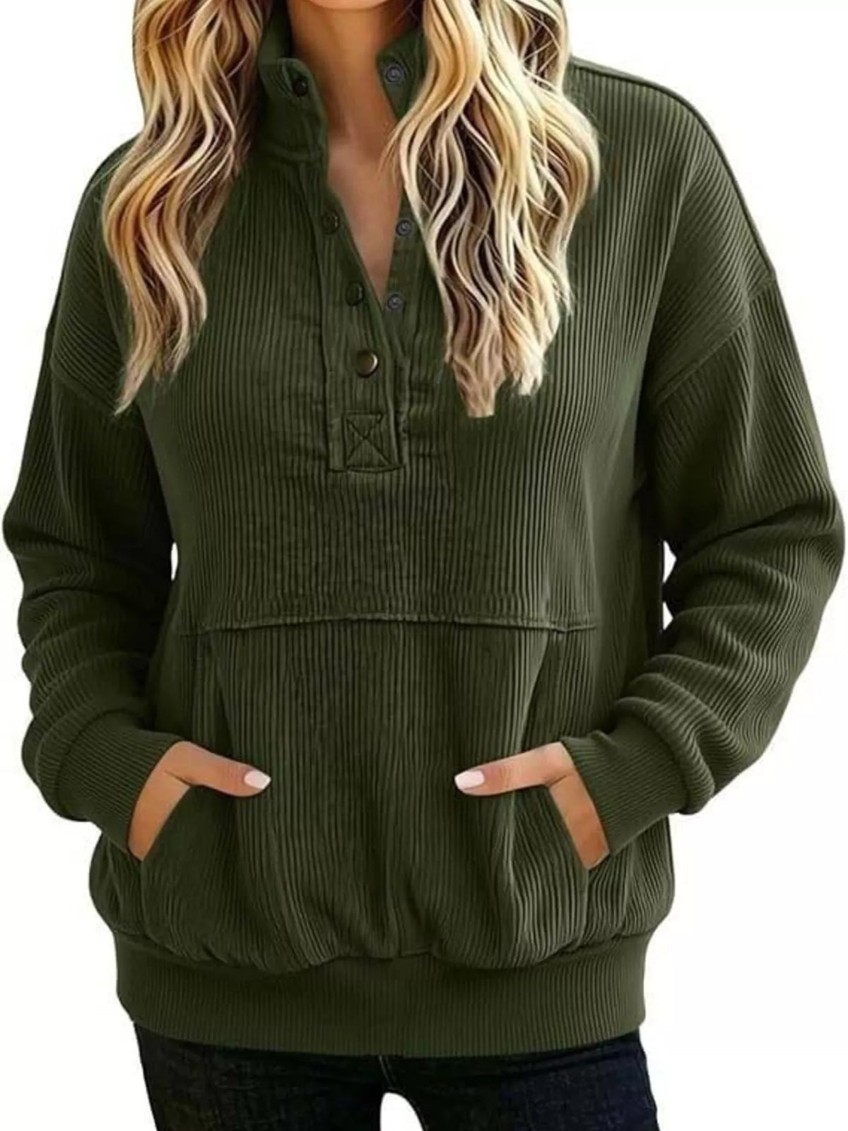 Woman styling the Lyric quarter-snap sweatshirt casually