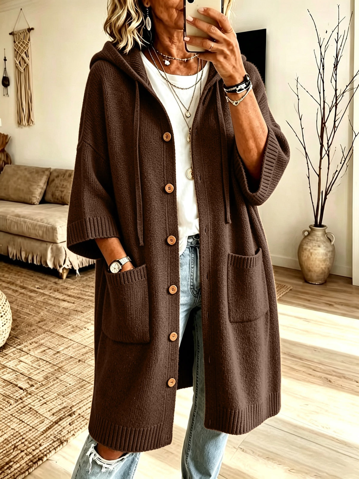 Goddess Cozy Hooded Knit Cardigan Coat - lifestyle view