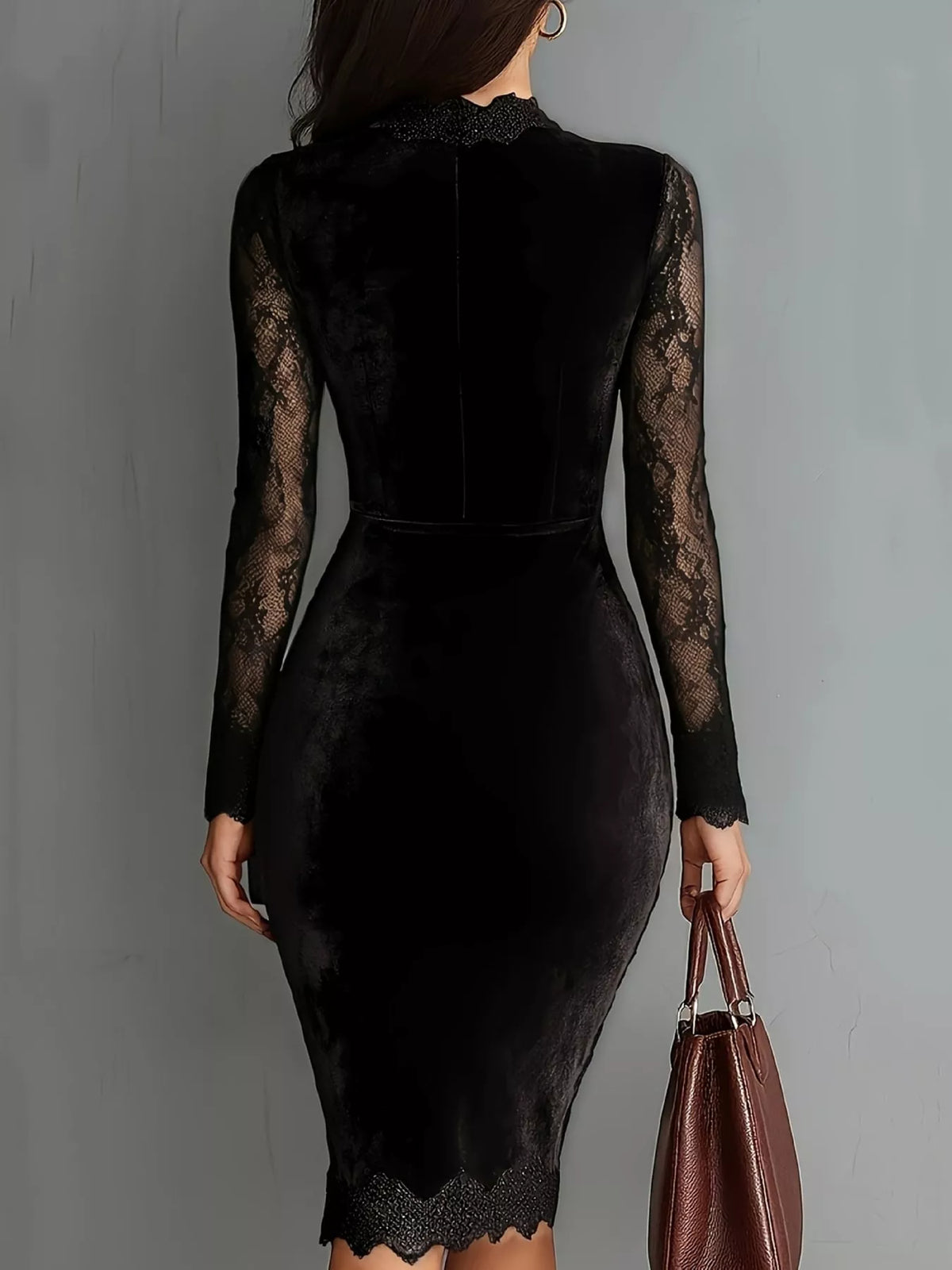 Luna Velvet Lace Bodycon Dress in brown — detail view