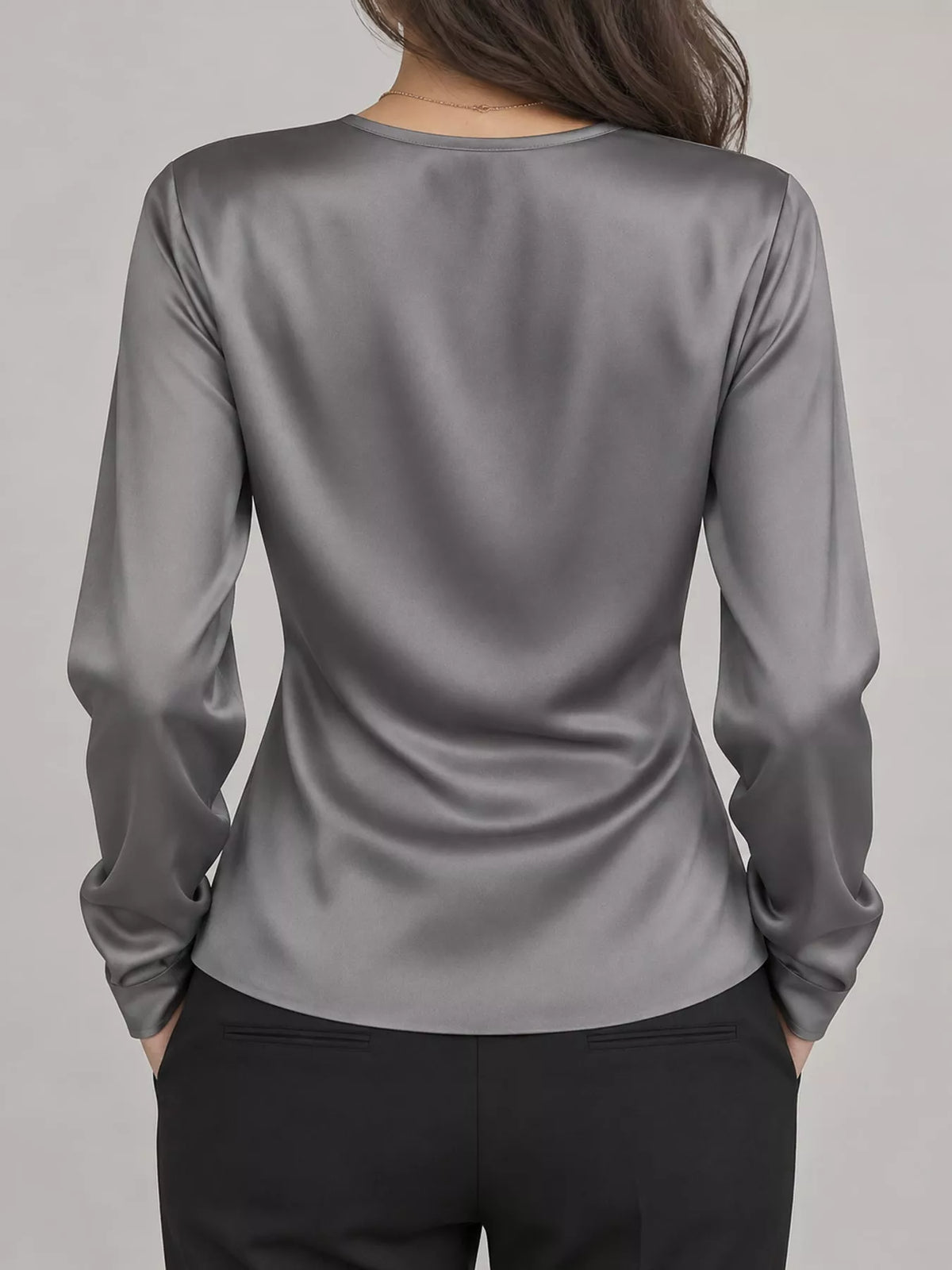 Celeste Satin Surplice Blouse in ivory — close-up detail