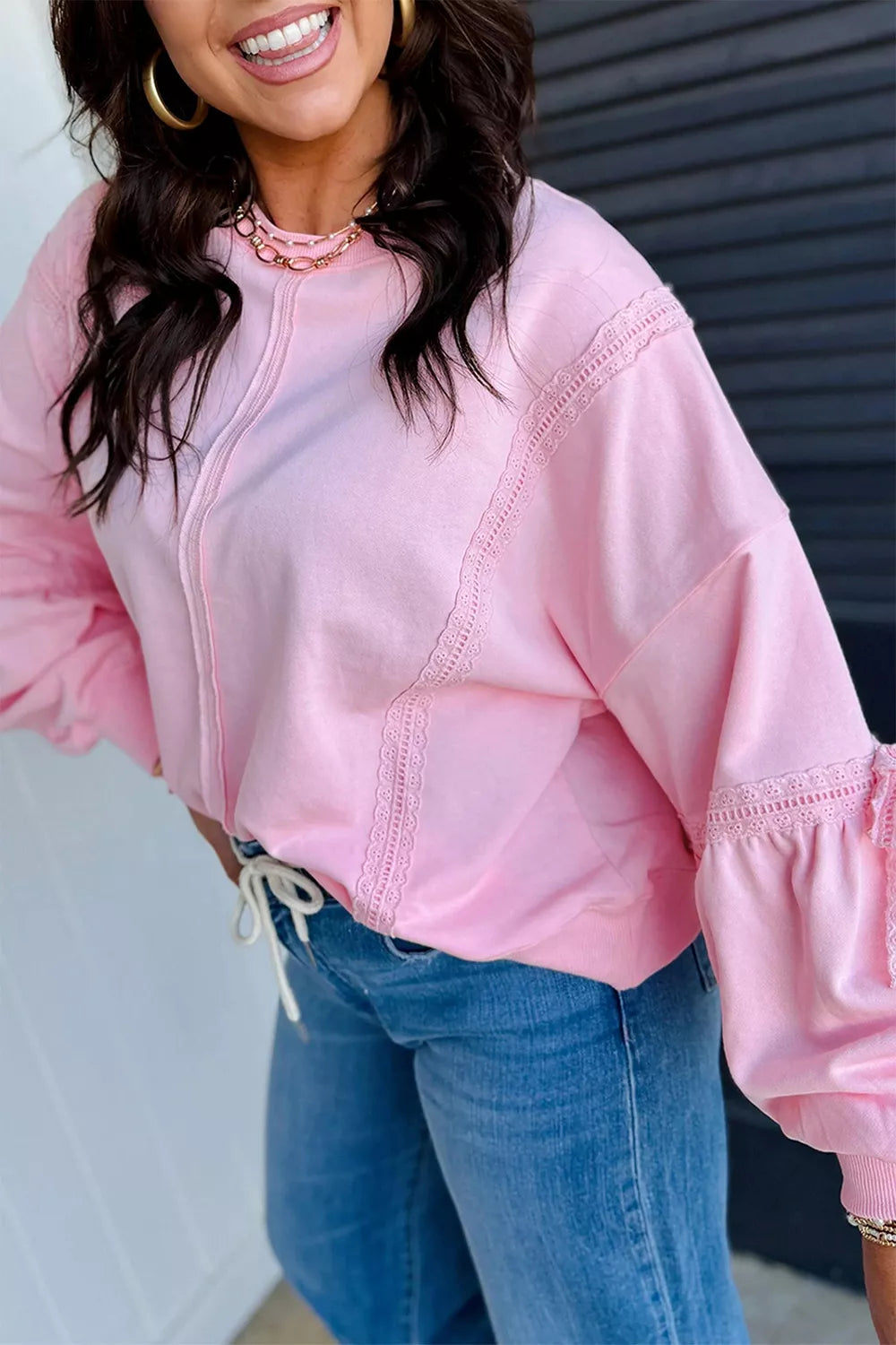 Birch Raw-Seam Lace Detail Sweatshirt in blush pink — back view