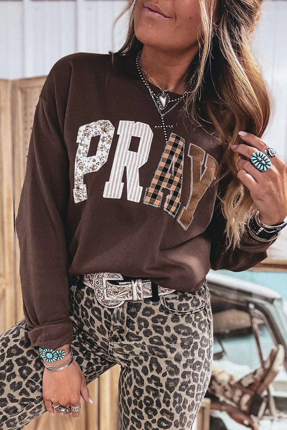 Pray Plaid Crew Neck Sweatshirt - boutique product photo
