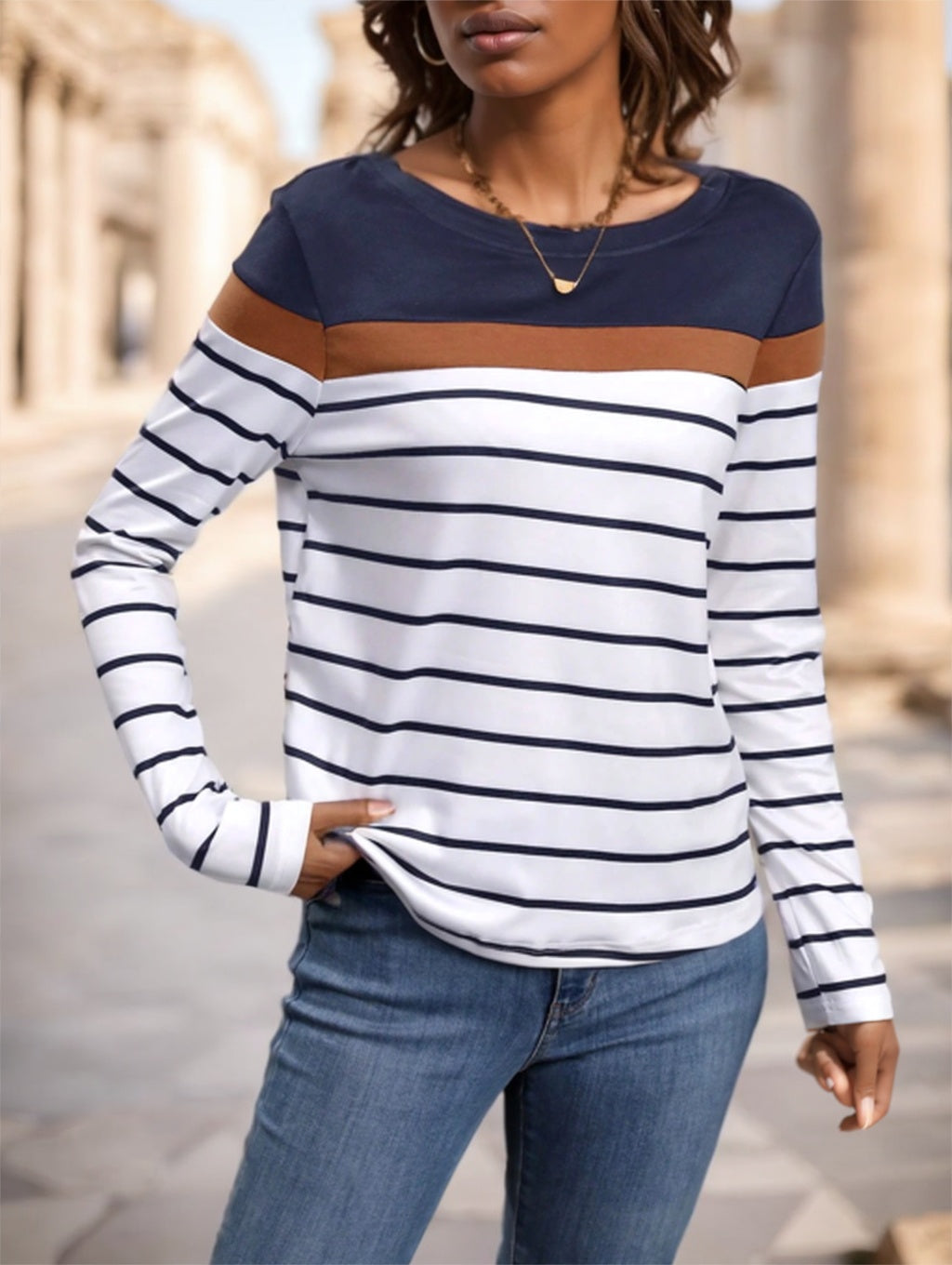 Riviera striped color-block long sleeve tee in navy rust, front view