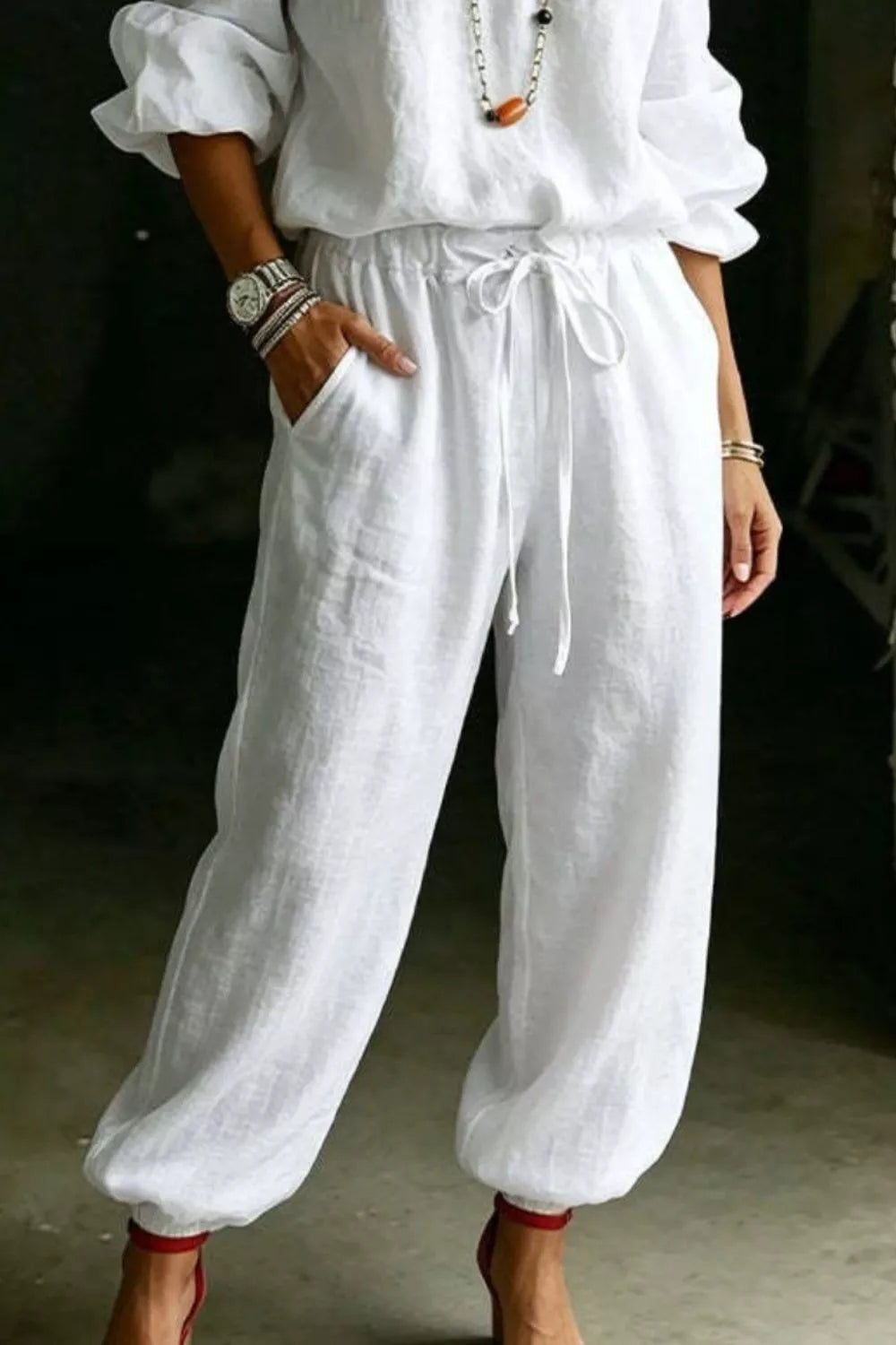 Canyon Off-Shoulder Two-Piece Lounge Set in white — back view