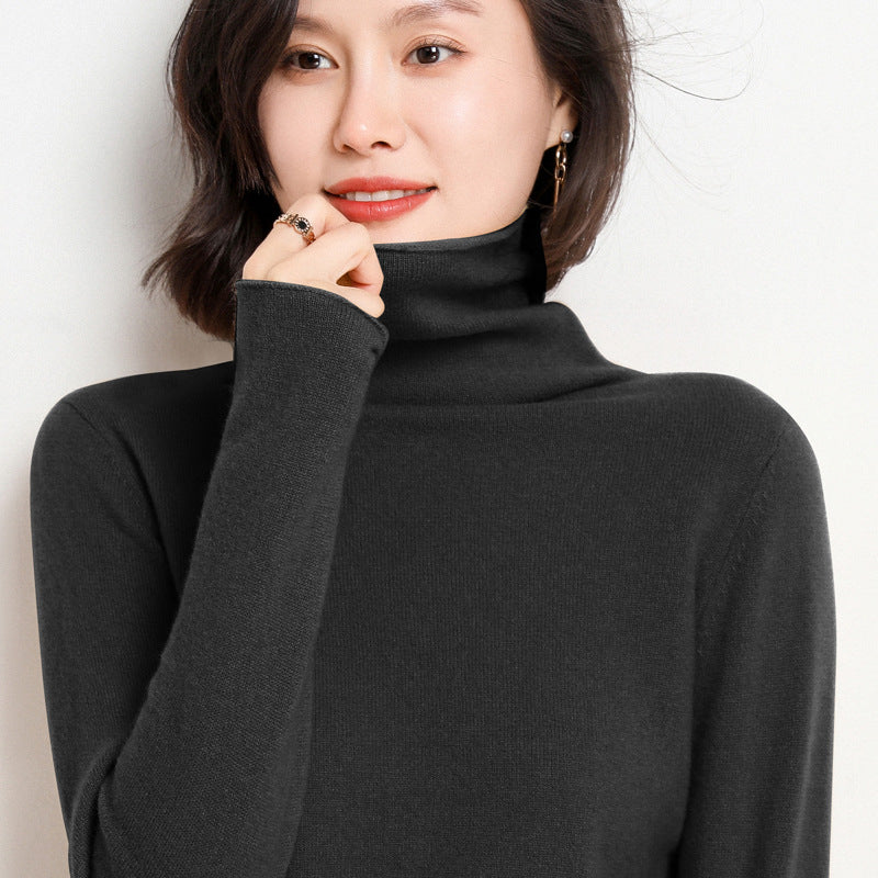 Golden camel cashmere turtleneck sweater on model