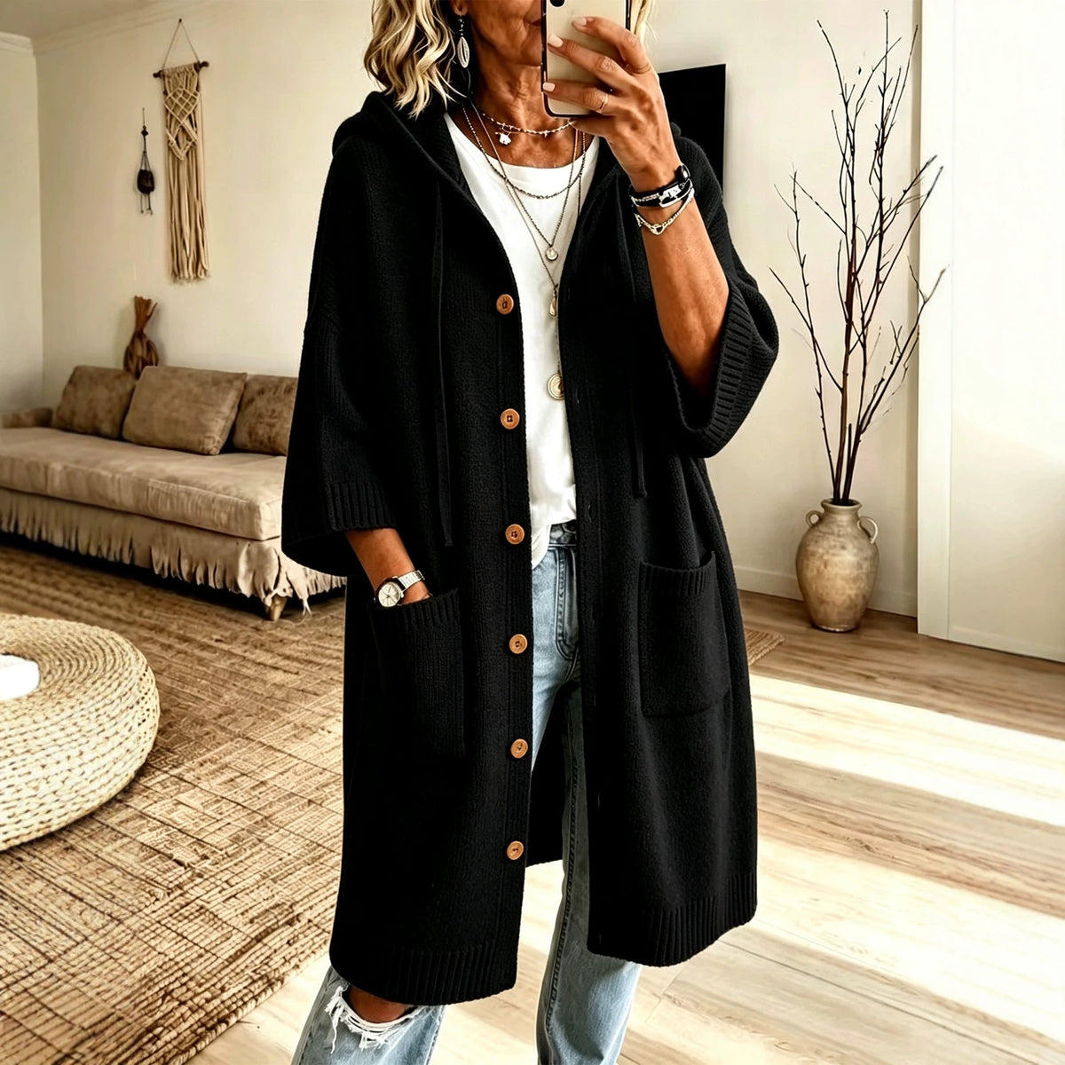Goddess Cozy Hooded Knit Cardigan Coat - pocket detail