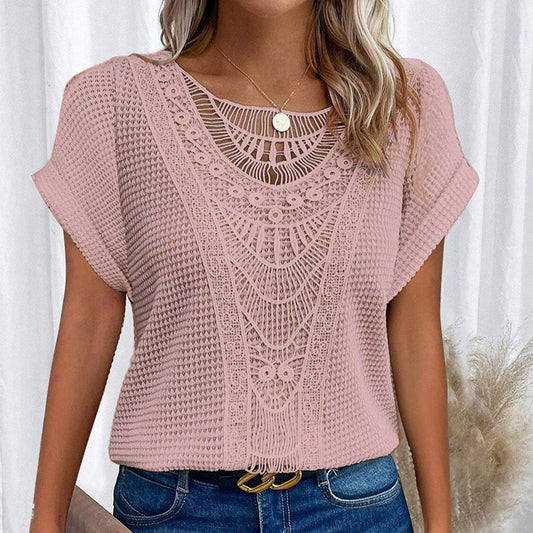 Dusty pink crochet lace-yoke short sleeve sweater, front view
