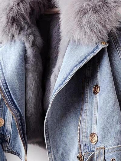 Opulent Faux Fur Collar Denim Jacket - side view