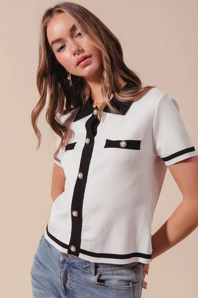 SO ME Ivory Noir Knit Shirt Top in ivory and black — fabric detail