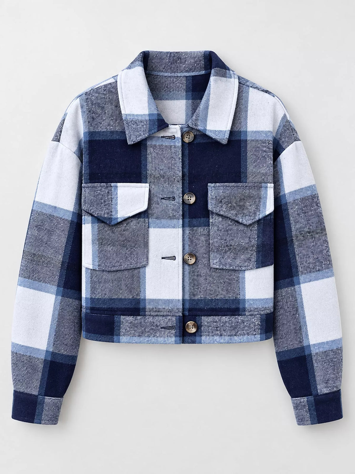 Highland Plaid Cropped Jacket in blue plaid — lifestyle shot
