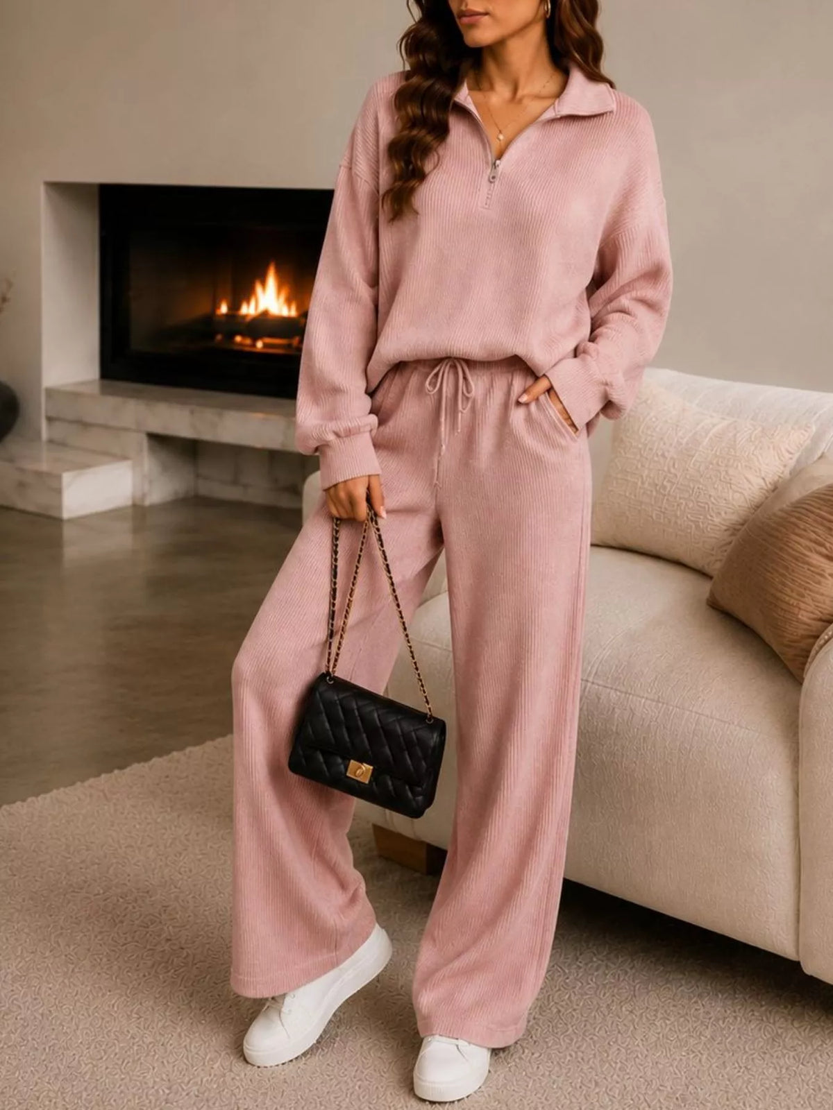 Willow ribbed quarter-zip wide-leg set — styled with sneakers