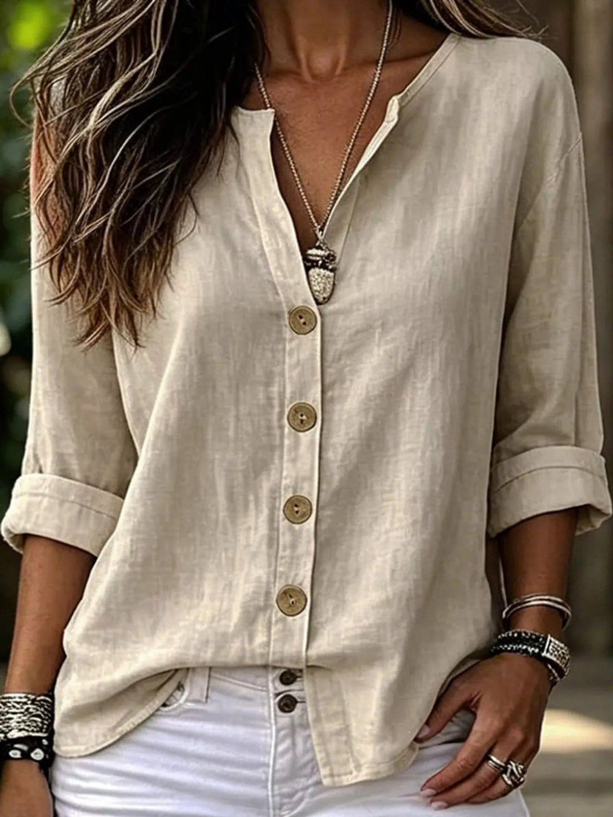 Meadow Notch-Collar Button Shirt in beige — alternate angle