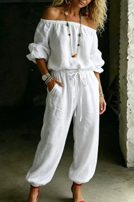 Canyon Off-Shoulder Two-Piece Lounge Set in white — front view on model