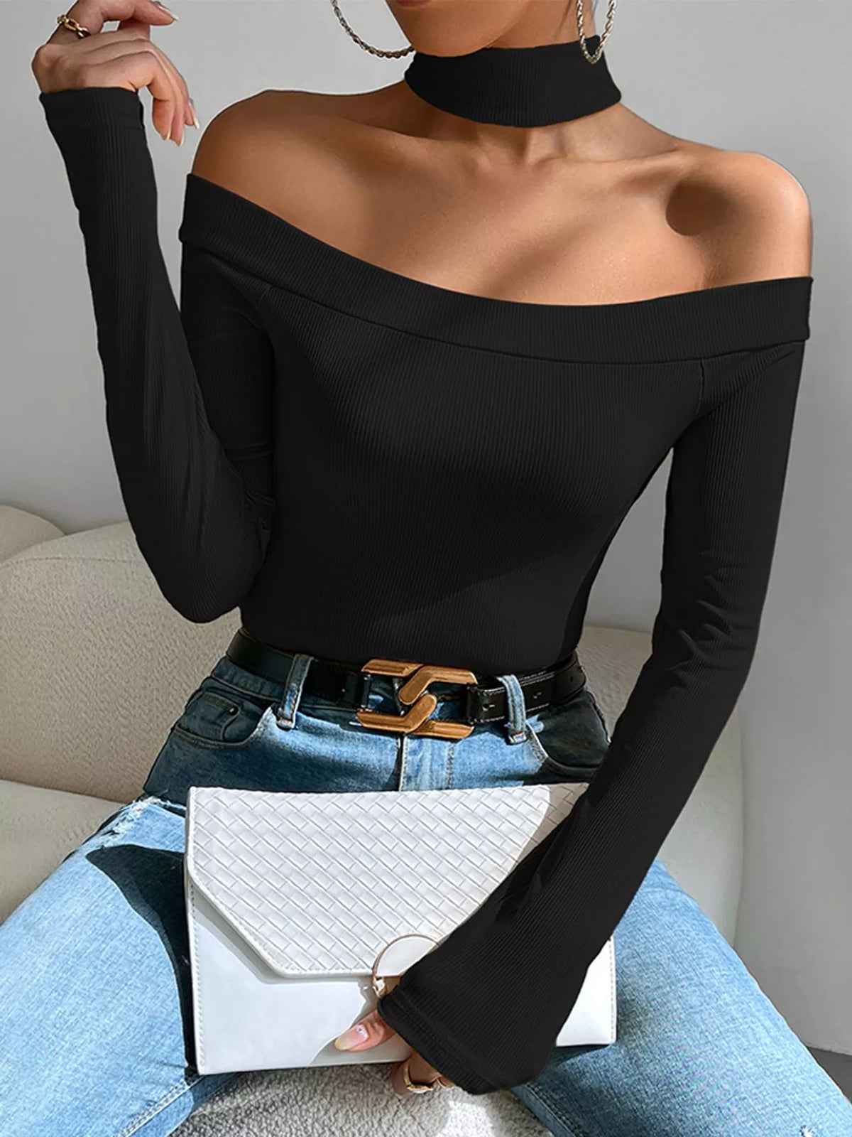 Venus Off-Shoulder Choker Knit Top in black — front view on model