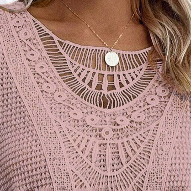 Boho Muse lace-yoke short sleeve sweater