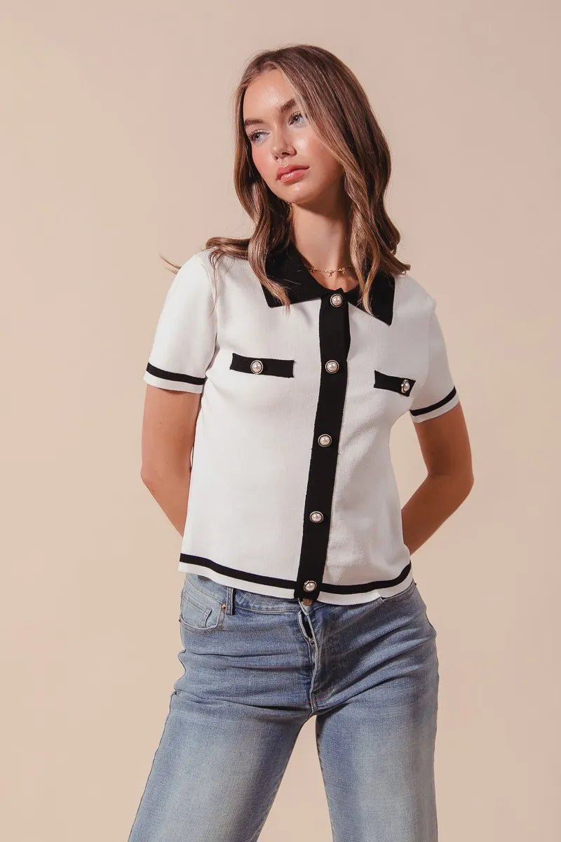 SO ME Ivory Noir Knit Shirt Top in ivory and black — styled flat lay