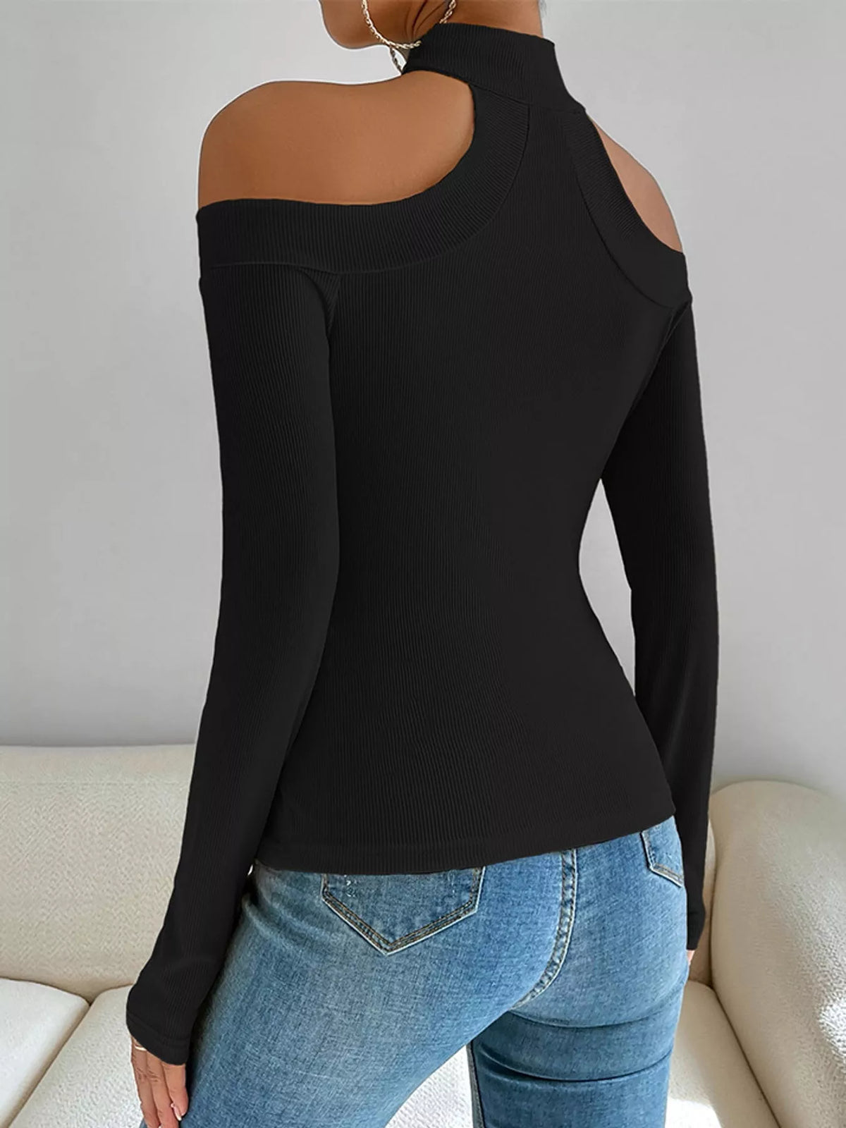 Venus Off-Shoulder Choker Knit Top in black — back view