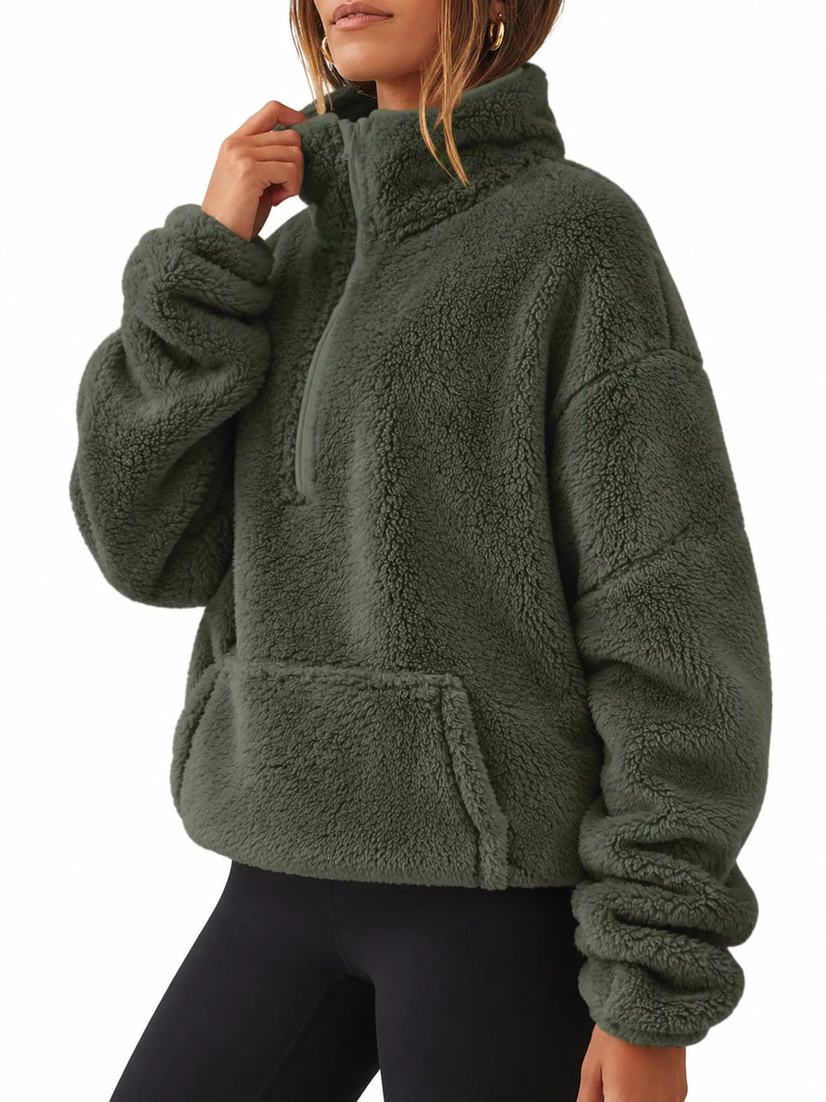 Alpine Sherpa Quarter-Zip Sweatshirt in white — close-up detail