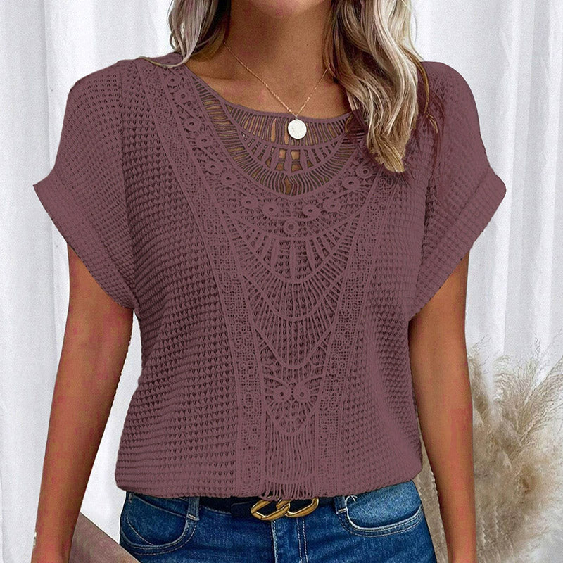 Boho Muse lace-yoke short sleeve sweater