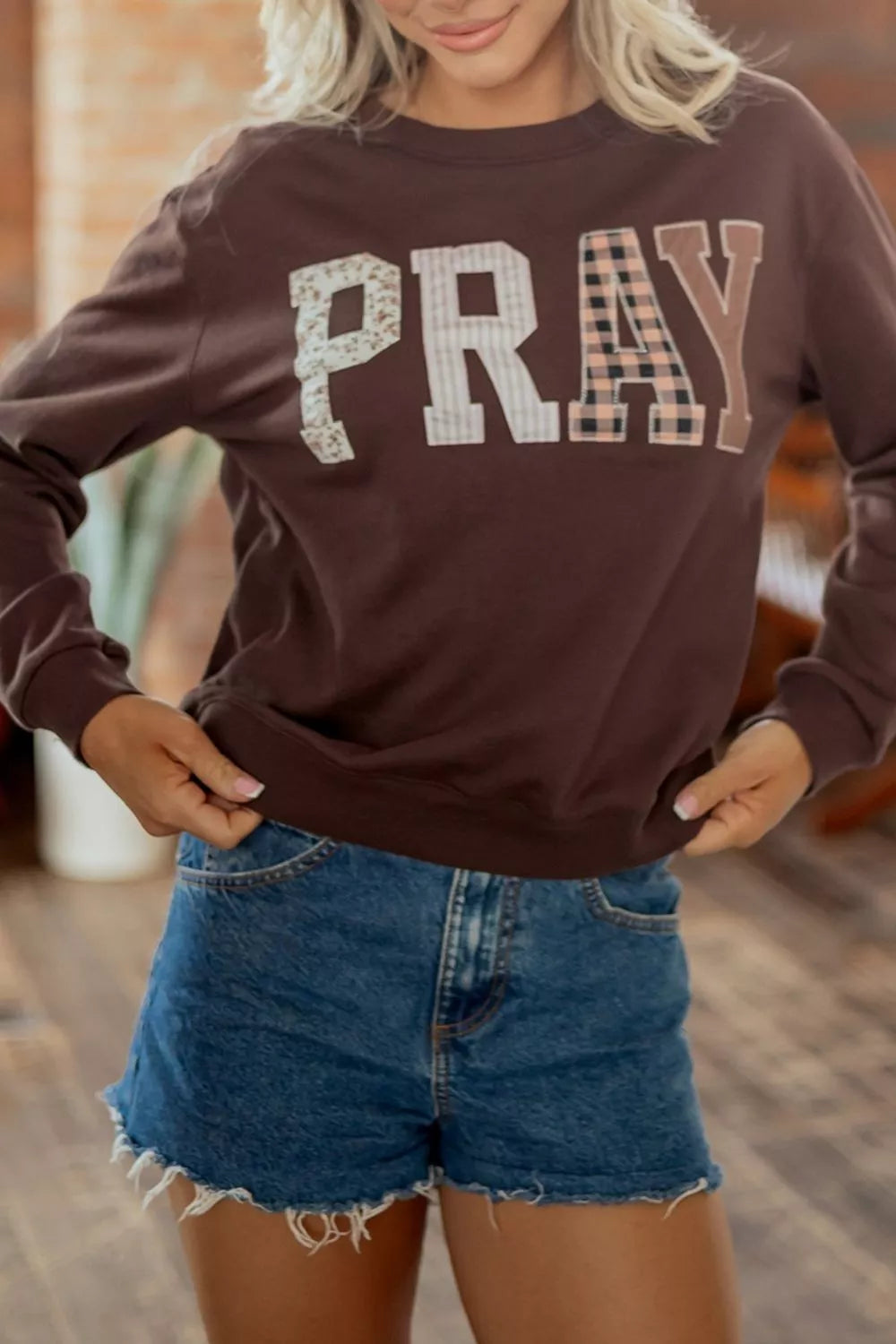 Pray Plaid Crew Neck Sweatshirt - boutique product photo