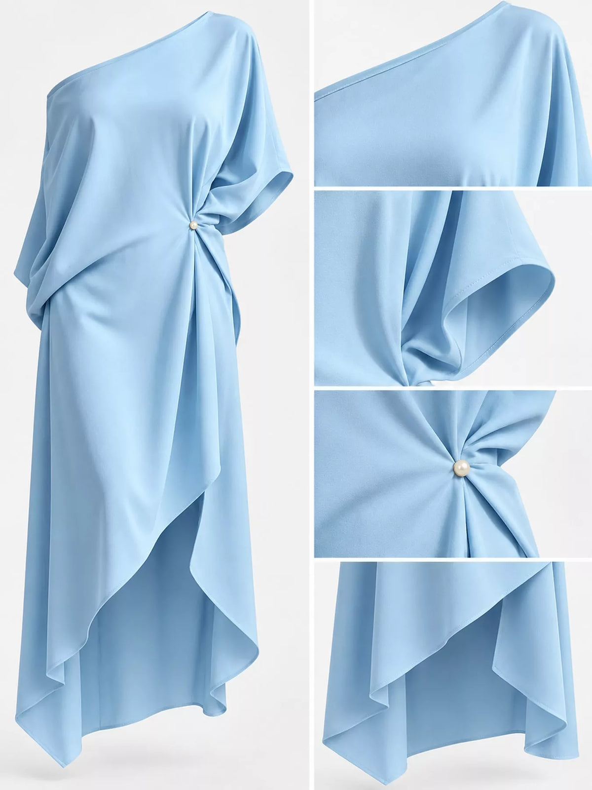 Aurelia One-Shoulder Asymmetric Midi Dress in sky blue — styled flat lay