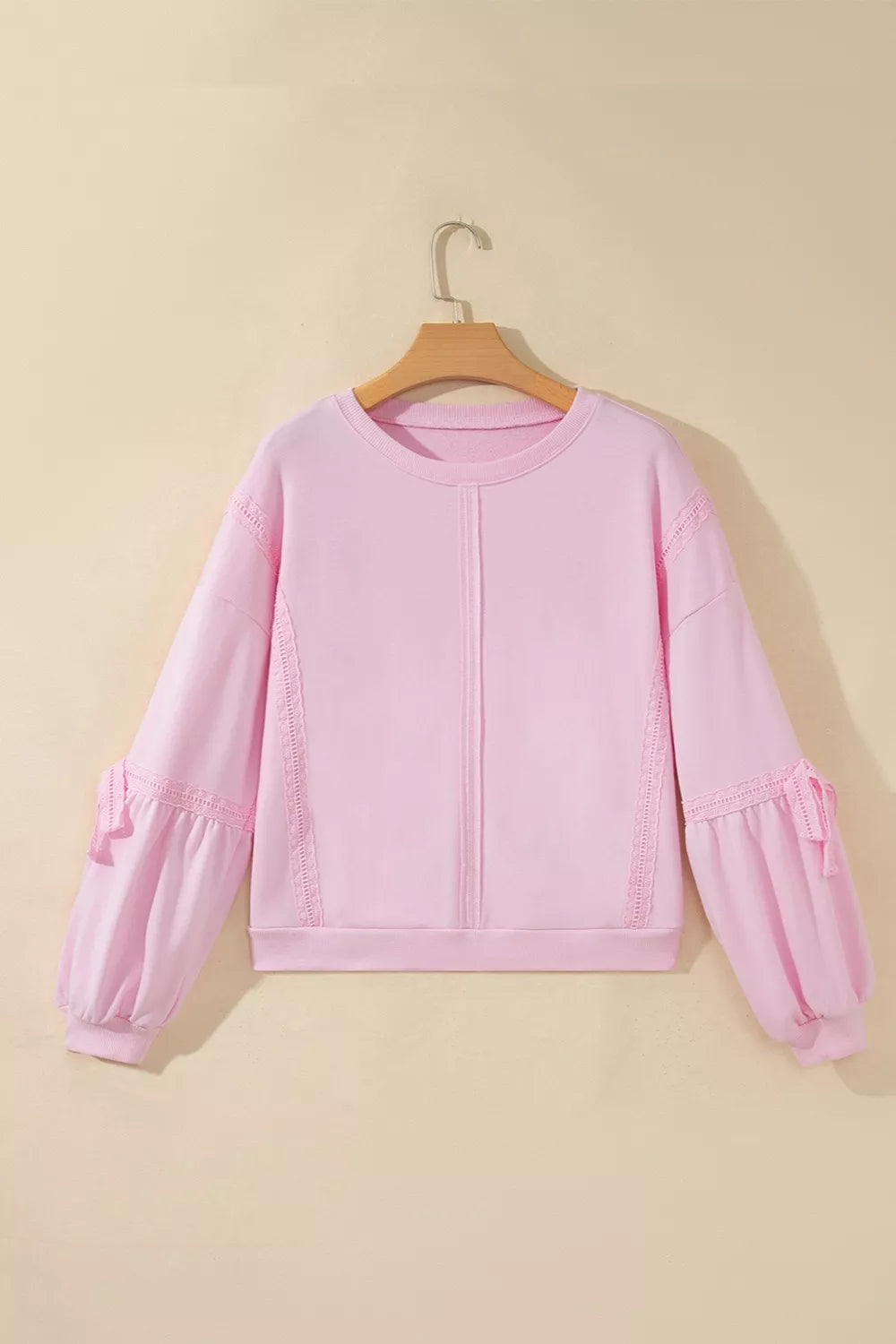 Birch Raw-Seam Lace Detail Sweatshirt in blush pink — fabric detail