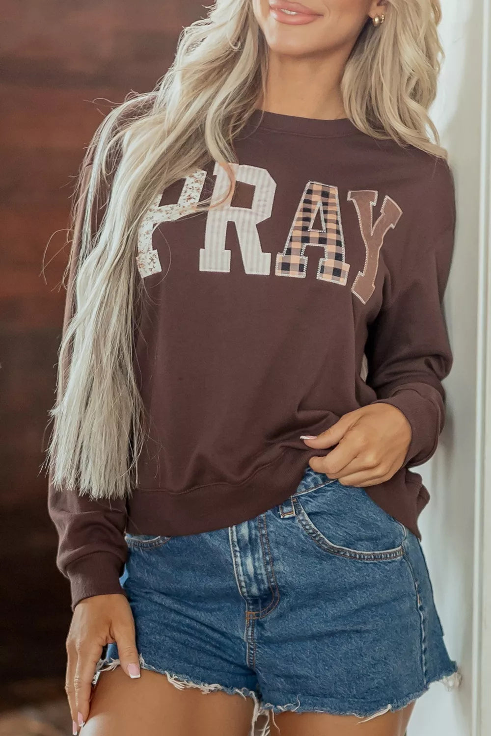 Pray Plaid Crew Neck Sweatshirt - boutique product photo