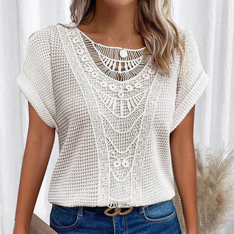 Cream crochet lace-yoke short sleeve sweater, front view