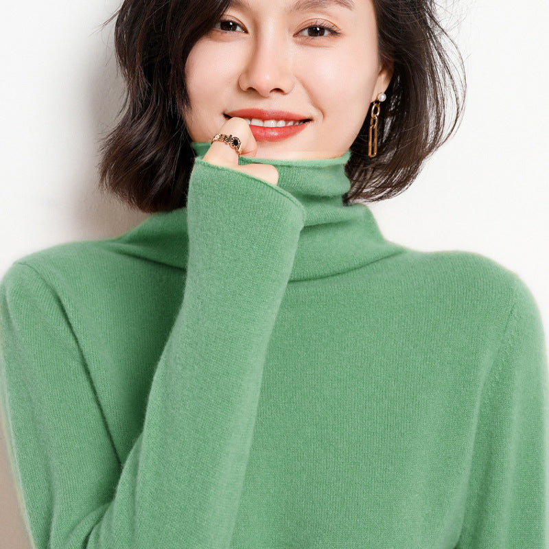 Beige cashmere turtleneck sweater, back view