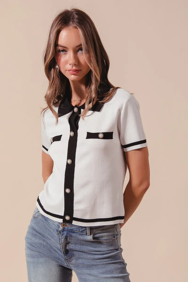 SO ME Ivory Noir Knit Shirt Top in ivory and black — front view on model