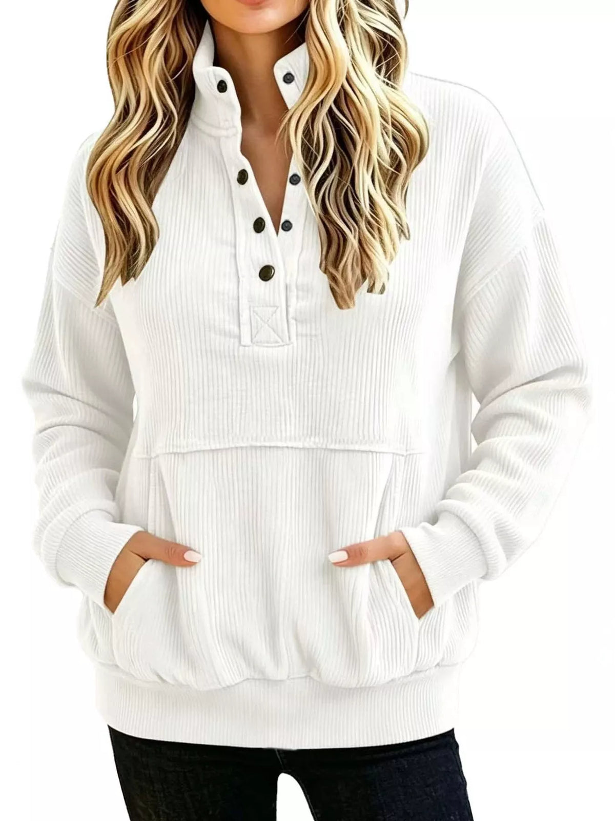Woman wearing white Lyric quarter-snap kangaroo pocket sweatshirt with ribbed texture