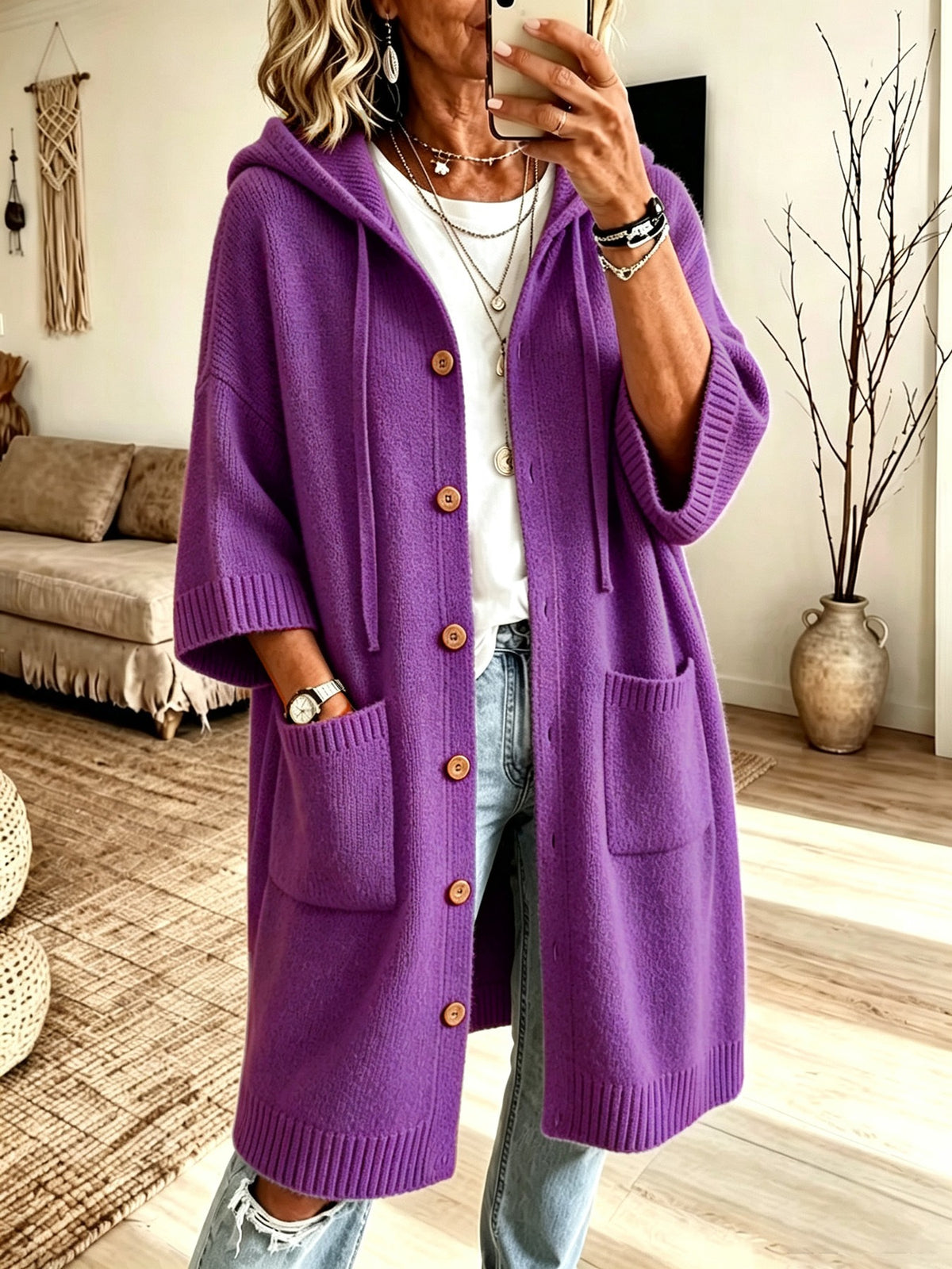 Goddess Cozy Hooded Knit Cardigan Coat - knit texture close-up