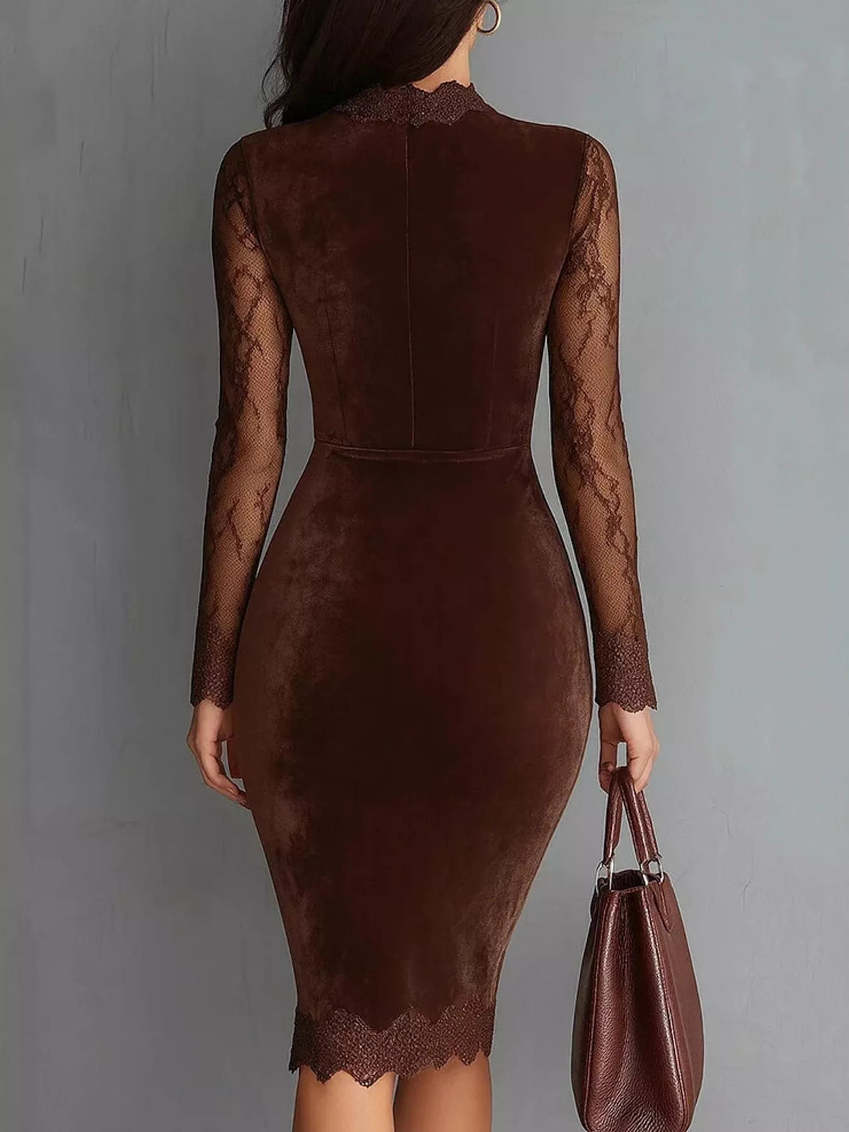 Luna Velvet Lace Bodycon Dress in brown — styled flat lay