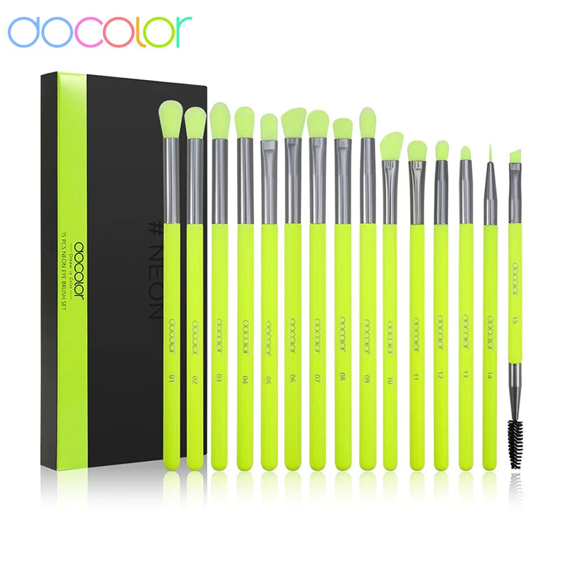 Docolor Eye makeup brushes set 15Pcs Neon Green Eyeshadow Makeup brushes Professional Eyebrow Blending Eyeline Eyelash brushes