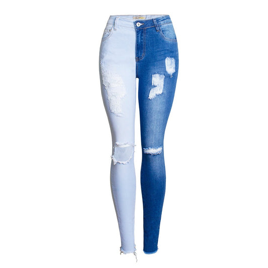 Big Size Double Color Patchwork Ripped Knees Jeans Women`s Stretchy Distressed Denim Pants Trousers Jeans For Women