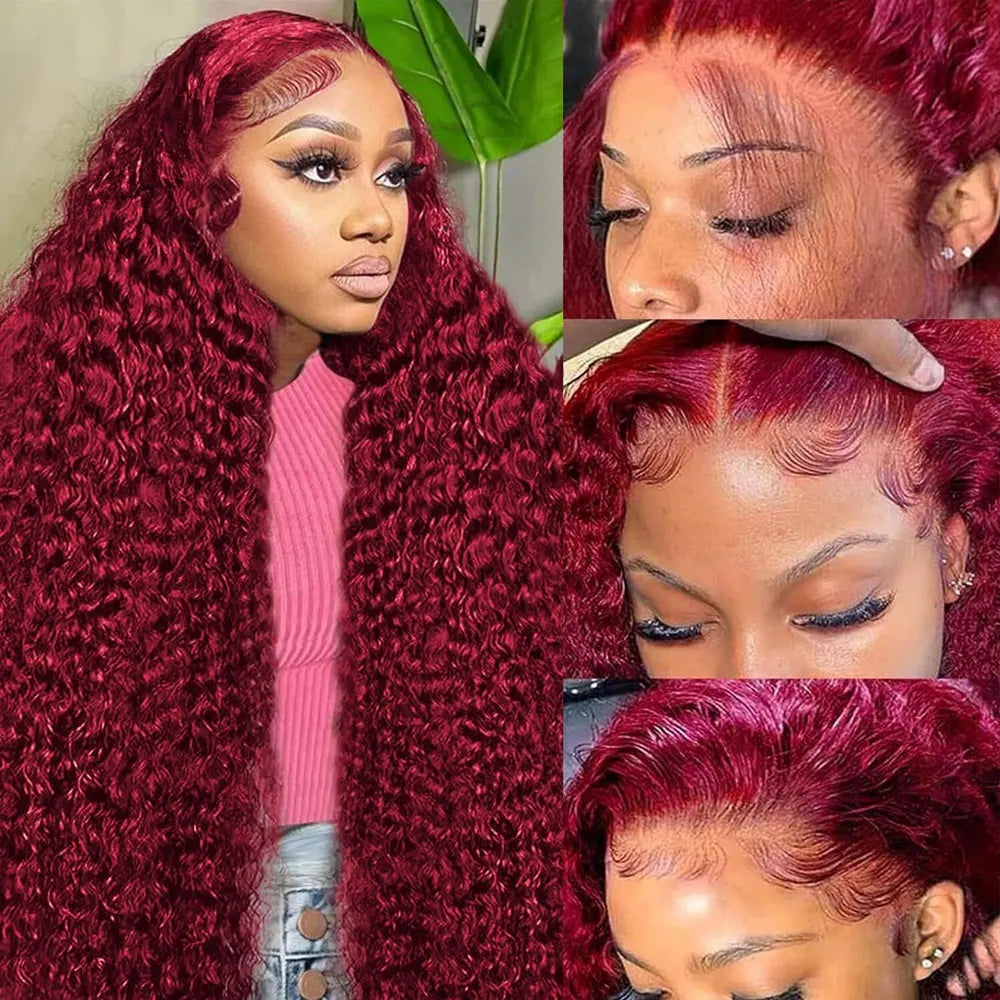 Burgundy 99J Deep Wave Curly Human Hair Wig, 200-250% Density, 13x4 HD Lace Frontal Wig, Colored Frontal Wig, Natural Look, High-Quality Human Hair