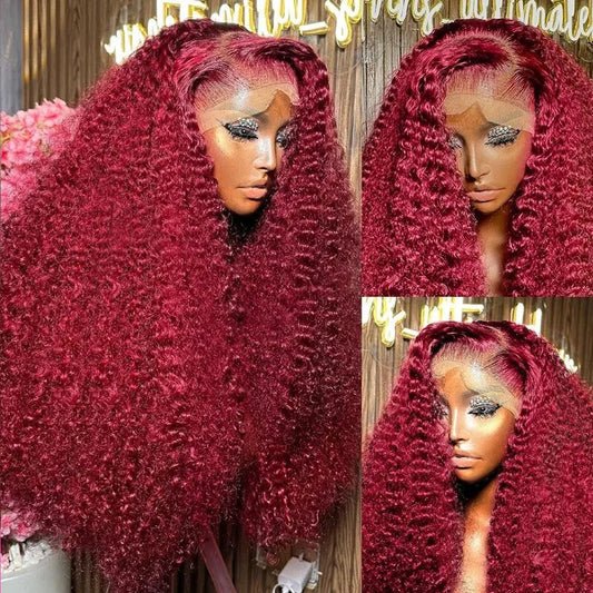 Burgundy 99J Deep Wave Curly Human Hair Wig, 200-250% Density, 13x4 HD Lace Frontal Wig, Colored Frontal Wig, Natural Look, High-Quality Human Hair