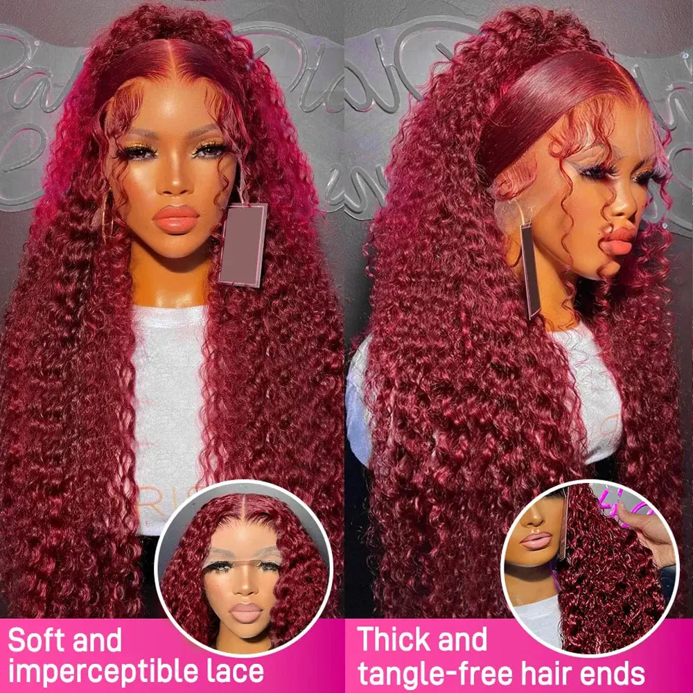 Burgundy 99J Deep Wave Curly Human Hair Wig, 200-250% Density, 13x4 HD Lace Frontal Wig, Colored Frontal Wig, Natural Look, High-Quality Human Hair