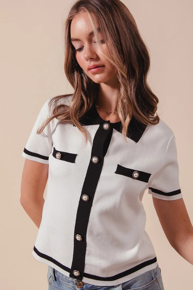 SO ME Ivory Noir Knit Shirt Top in ivory and black — side view