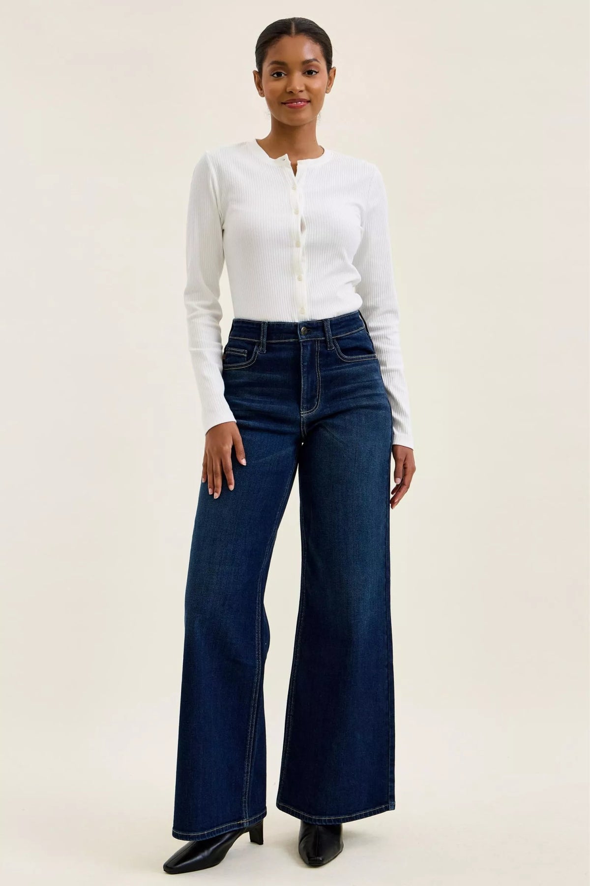 Judy Blue Dark-Wash Wide-Leg Jeans in dark wash denim — side view