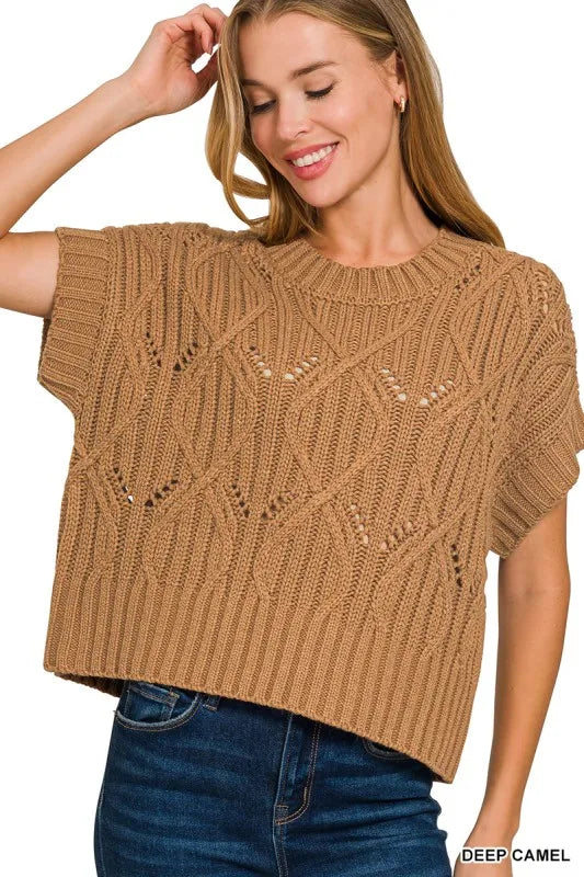 Zenana Harvest Cable-Knit Sweater in deep camel — alternate angle