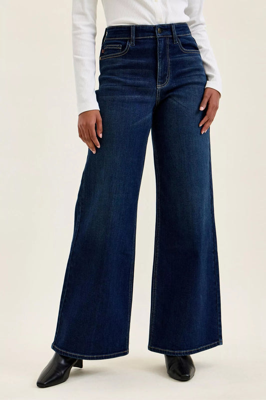 Judy Blue Dark-Wash Wide-Leg Jeans in dark wash denim — front view on model