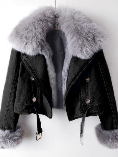 Opulent Faux Fur Collar Denim Jacket - flat lay