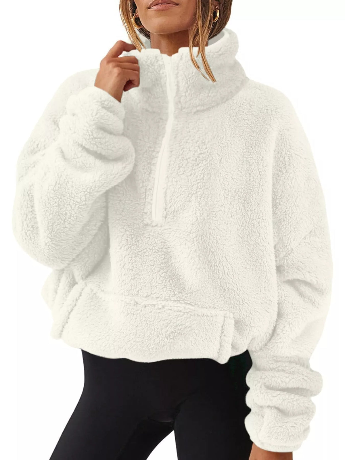 Alpine Sherpa Quarter-Zip Sweatshirt in white — front view on model