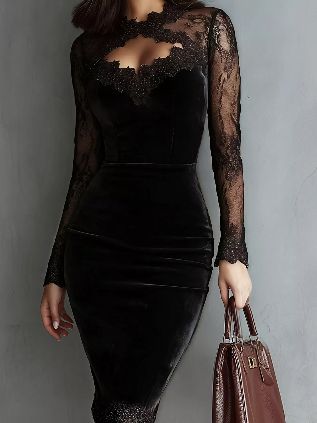 Luna Velvet Lace Bodycon Dress in brown — lifestyle shot