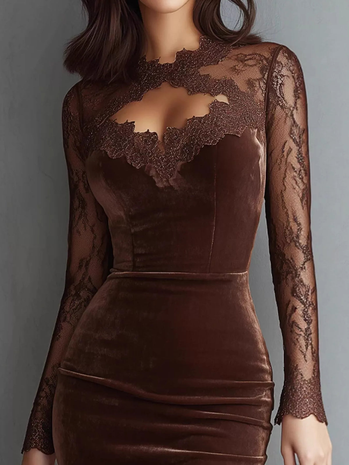 Luna Velvet Lace Bodycon Dress in brown — fabric detail