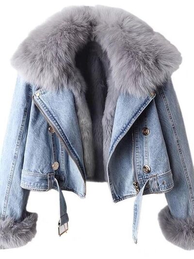 Opulent Faux Fur Collar Denim Jacket - styled look
