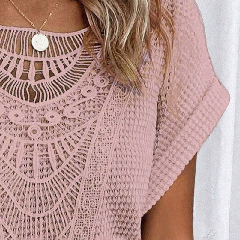 Boho Muse lace-yoke short sleeve sweater