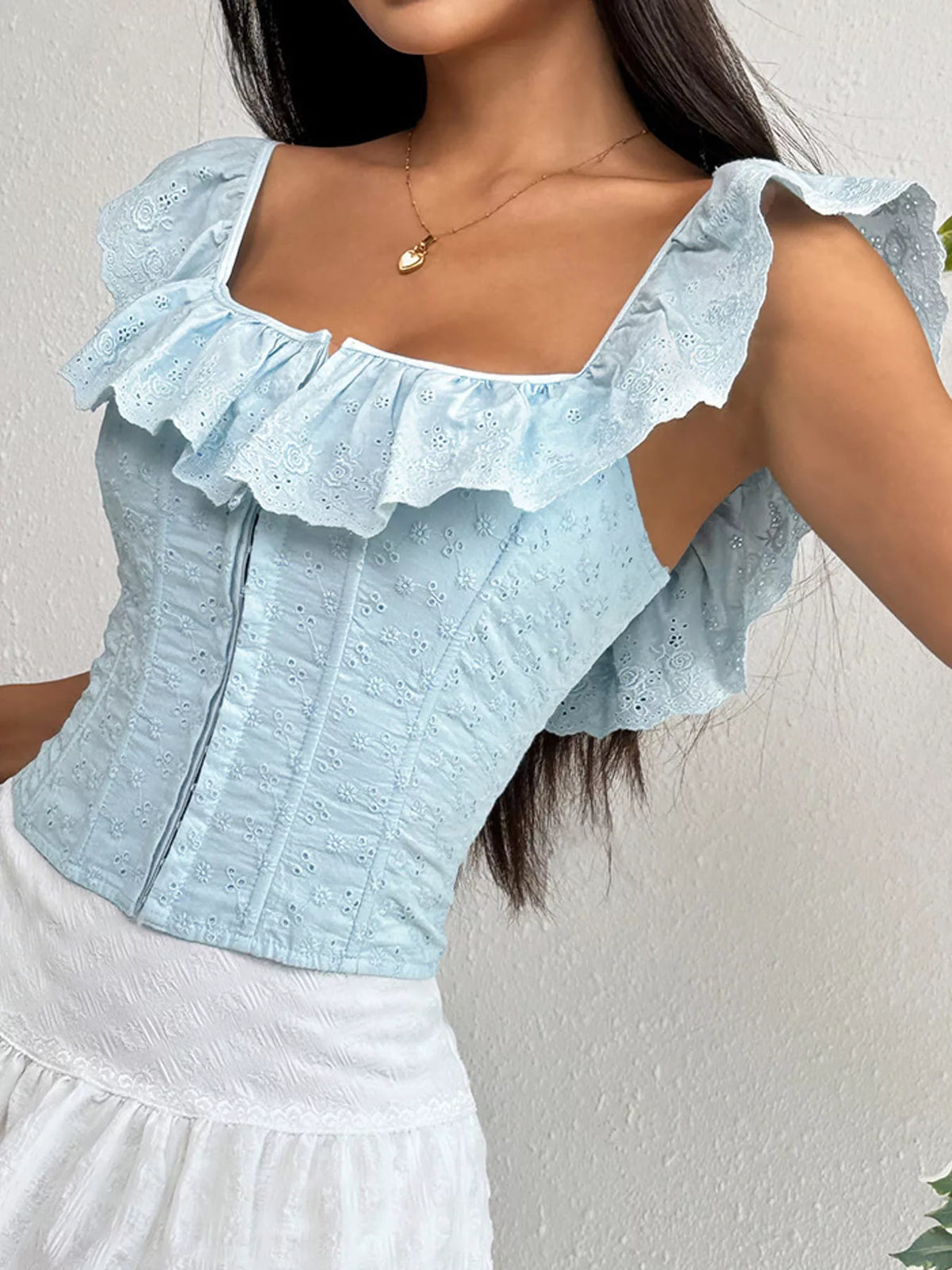 Duchess Eyelet Ruffle Corset Top in sky blue — back view